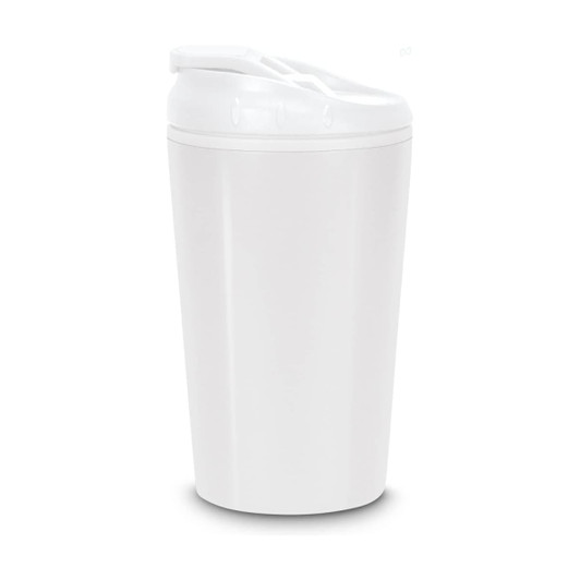 A white coffee cup with a lid, featuring a smooth design and a simple branding logo.
