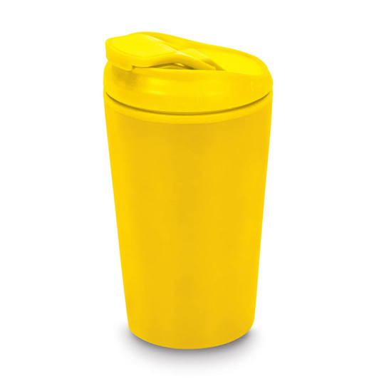 A reusable coffee cup in bright yellow with a secure lid and a smooth finish. It features a logo on the side.