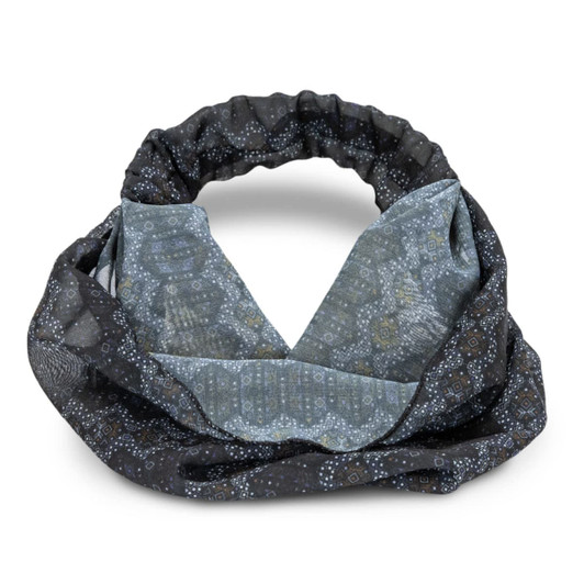 A custom elastic headband featuring a patterned design in shades of grey and black, with a lightweight fabric.