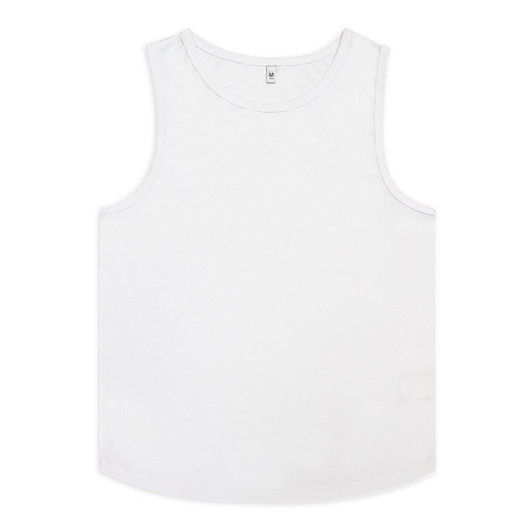 A white men's active tank top featuring a rounded neckline and a small logo on the side.