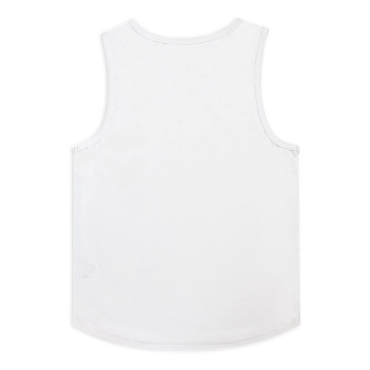 A white men's active tank top with a simple design and a branded logo on the back.