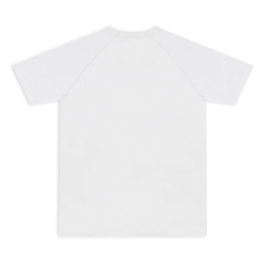 A white men's active t-shirt with short sleeves and a simple design, featuring a logo on the back.