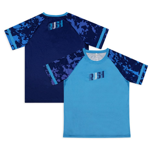 A blue active T-shirt with a navy and patterned blue raglan sleeve design, featuring a logo on the back.