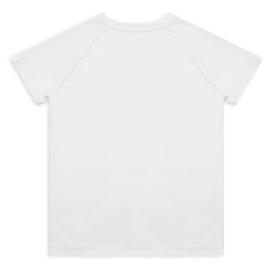 A white youth active t-shirt with short sleeves and a simple design, featuring a logo on the back.