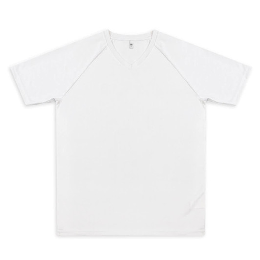 A white men's active V-neck T-shirt with short raglan sleeves and a plain design.