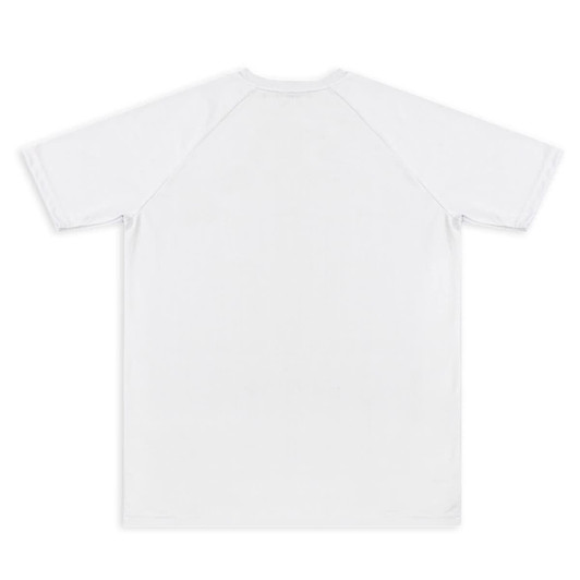 A white custom men's active V-neck T-shirt featuring a plain back design and raglan sleeves.