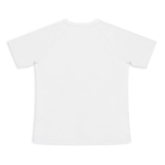 A plain white women's active V-neck T-shirt featuring a simple design and a logo on the back.