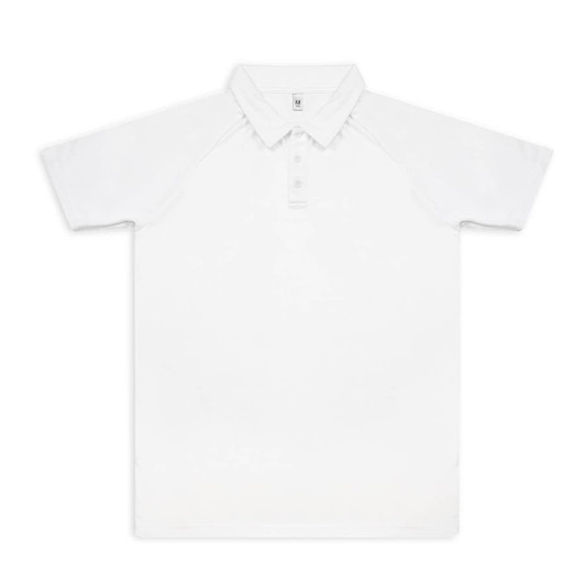 A white custom men's active polo shirt featuring a collar and a logo.