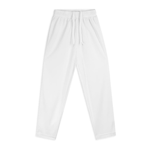 Custom youth active pants in white, featuring an elastic waistband and drawstrings, with side pockets and a brand logo.
