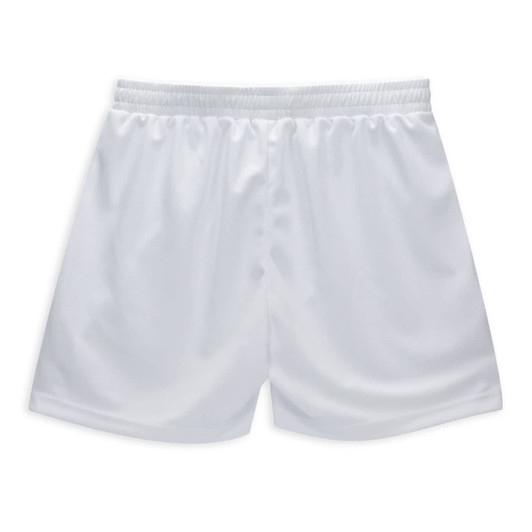 White active shorts with an elastic waistband and a smooth, lightweight fabric. The shorts have a logo on them.