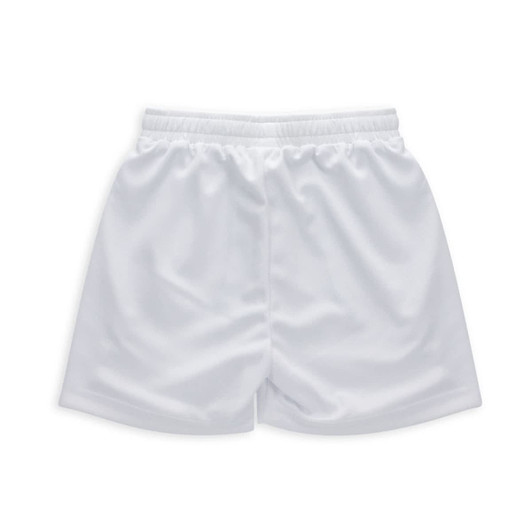 White youth active shorts featuring an elastic waistband and smooth fabric, with a logo displayed.