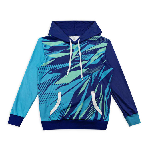 A custom women's active hoodie in blue and green with a geometric pattern and a logo. Features a front pocket and hood.