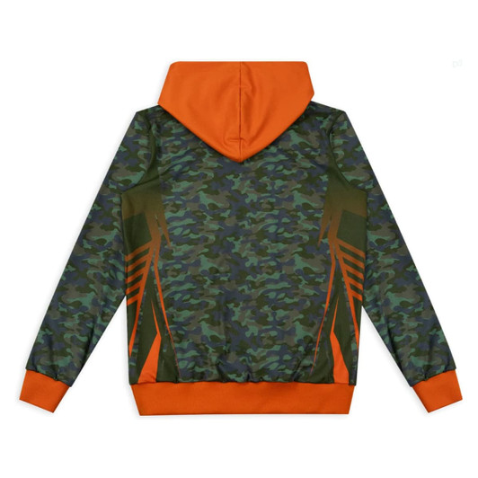 A custom youth active hoodie in camouflage green with orange accents and a hood, featuring a logo.
