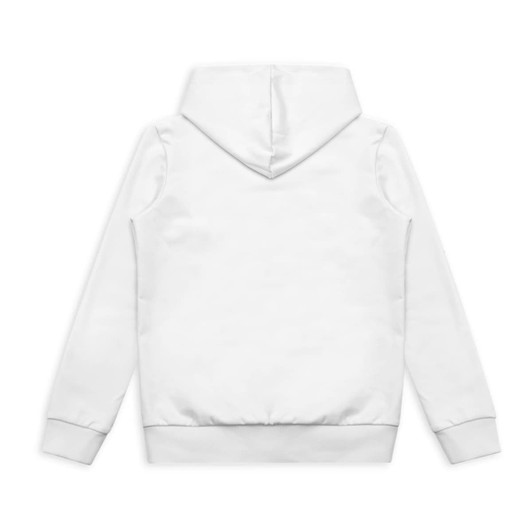 A white youth active hoodie featuring a hood and ribbed cuffs, with a plain back and a branding logo.