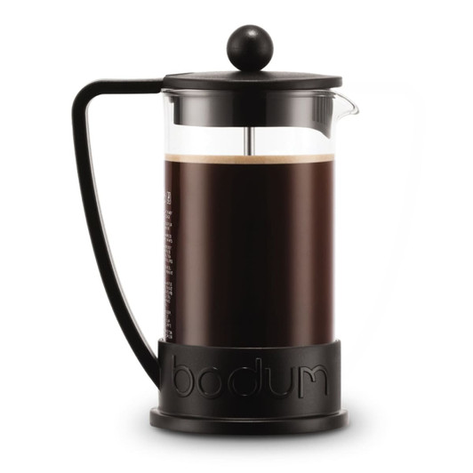A French press coffee maker in black with a transparent body, featuring a round handle and a plunger.