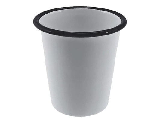 A drink bottle featuring a white enamel body with a black rim. It has a simple, sleek design.