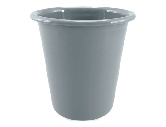 A grey enamel tumbler with a smooth finish, featuring a rounded top and a simple design.