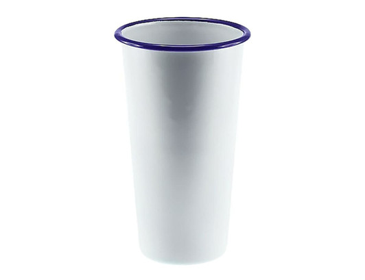 A white enamel tumbler with a blue rim, measuring 775ml and 10cm tall. Features a simple design.