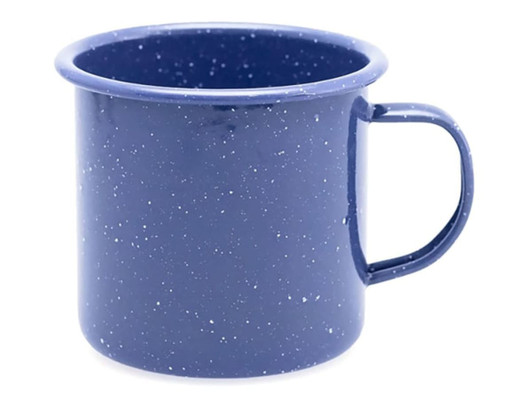 A Falcon Enamel 500ml mug in navy blue with a speckled finish and a sturdy handle, featuring branding.