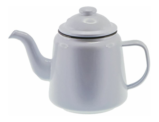 A light grey enamel teapot with a spout and a lid, featuring a handle and a logo.