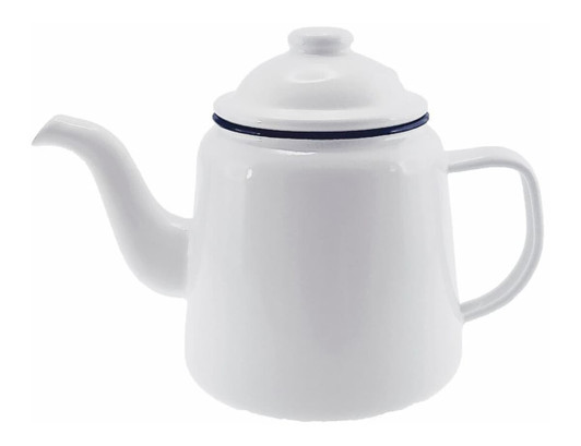 A white enamel teapot with a lid, featuring a blue rim and a spout for pouring. It has a handle and a simple design.