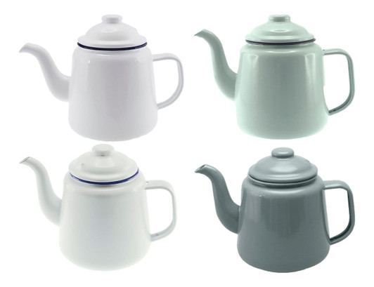 A set of four teapots in white, light green, and grey, featuring a classic design and handles. Each has a logo.