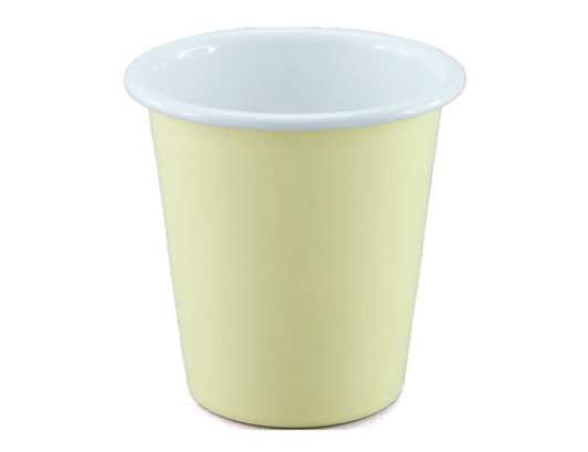 A tumbler featuring a pale yellow exterior with a white rim and an interior. Includes a logo on the surface.