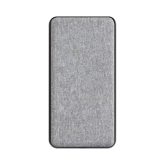 A grey power bank with a textured surface and a black frame, featuring a logo.