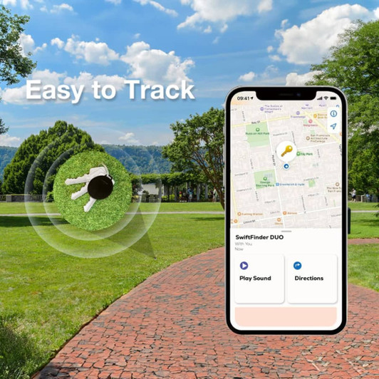 A smartphone displaying a mapping app with a SwiftFinder Duo Smart Global Tracker icon in a park setting.