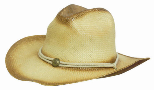 A straw cowboy hat in tan and brown tones, featuring a decorative band and a rustic, weathered look.