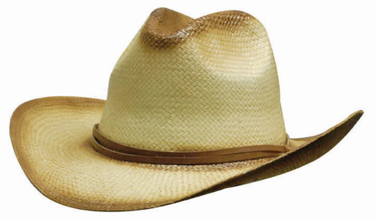 A straw cowboy hat in shades of light tan and brown, featuring a brown band around the base.