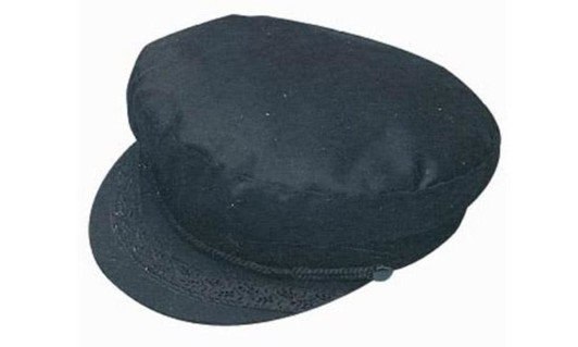A cotton fisherman's cap in black with a wide, flat crown and a decorative band around the base.