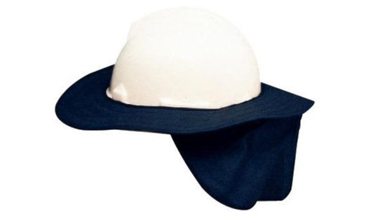 A large white hard helmet with a navy blue brim and neck flap, featuring a logo on the front.