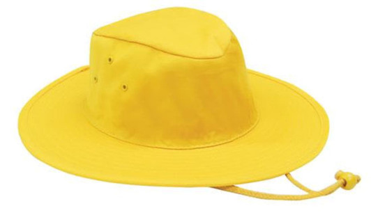 A yellow poly cotton slouch hat with a wide brim and an adjustable chin strap. It features ventilation eyelets.