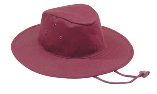 A maroon poly cotton slouch hat with ventilation holes and an adjustable chin strap.