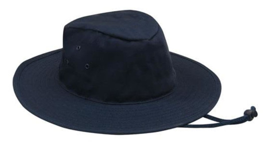 A navy blue Poly Cotton Slouch Hat with a wide brim and adjustable chin strap. Features eyelet vents and a logo.
