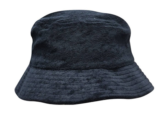 A navy blue terry towelling bucket hat featuring a textured finish and a wide brim. It has a logo on the side.
