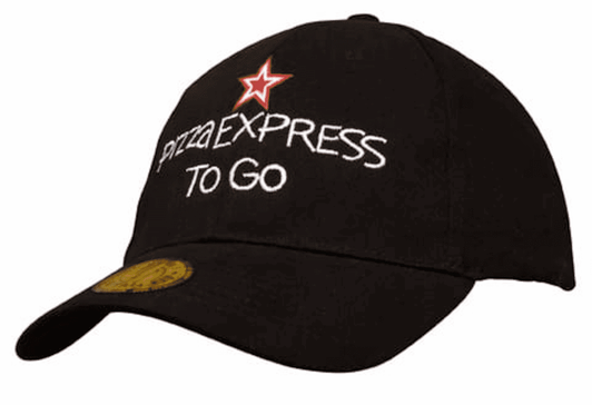 A black cap featuring a logo and text, with a curved brim and adjustable strap at the back.
