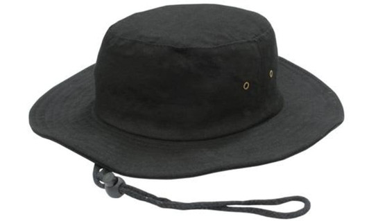 A black brushed heavy sports twill hat with a wide brim and a secured cord. Features ventilation holes.