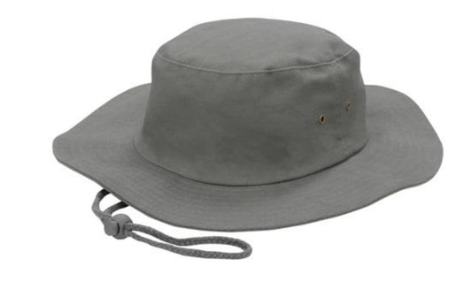 A grey brushed heavy sports twill hat featuring a wide brim and an adjustable strap. It has ventilation holes and a logo.