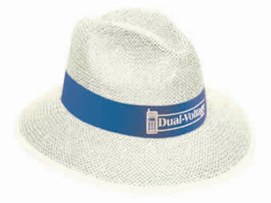 A straw fedora hat in white with a blue band that features a logo.