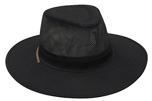 A black safari hat with a wide brim, featuring a mesh top and a leather band. The hat also has a logo.
