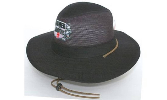 A black safari hat featuring a mesh design and a logo on the front. It includes a brown adjustable strap.