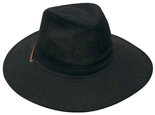 A black collapsible cotton twill and soft mesh hat with a wide brim and a mesh top. It features branding.