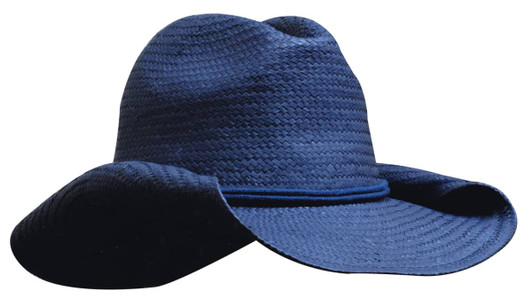 A navy blue straw cowboy hat with a wide brim and a flexible crown. It features a logo on the side.