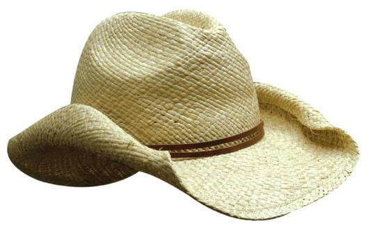 A straw cowboy hat with a brown band, featuring a wide brim and a textured finish.