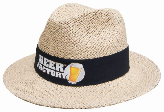 A straw hat with a wide brim, featuring a black band and a logo with a beer graphic.