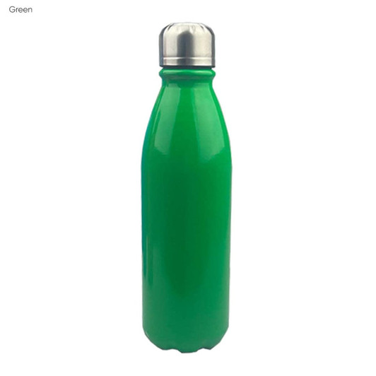 A green aluminium drink bottle with a shiny silver lid, featuring a logo on the side.