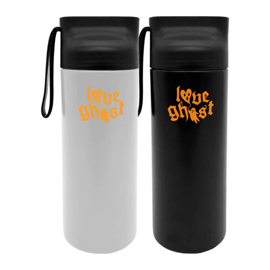 A drink bottle in white and black, featuring a logo, with a black lid and a carrying strap.