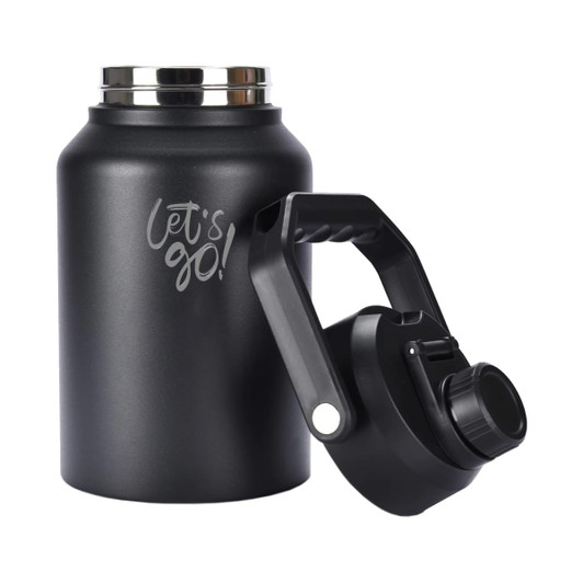 A drink bottle in matte black with a silver lid and a handle, featuring a logo on the side.